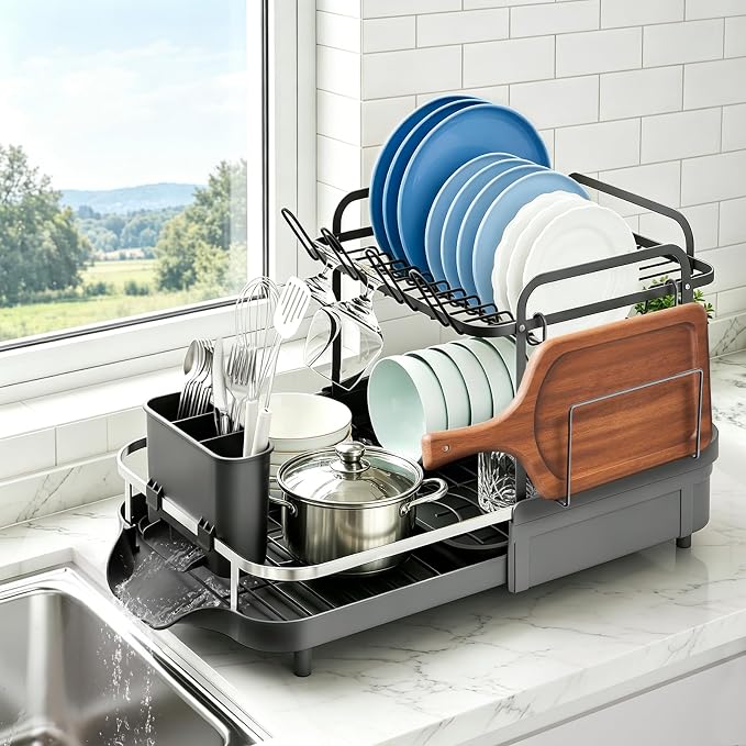 Expandable Stainless Steel 2-Tier Large Capacity Dish Drying Rack, Auto Drain Kitchen Counter Drainer with Rotatable Multi-Slot, Drainboard, Utensil, Cup Cutting Board Holder, 15"-22.4" Adjustable