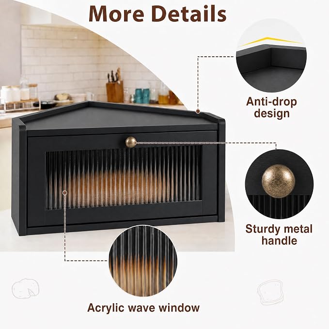 Sunhoo Bread Box for Kitchen Countertop Wooden Corner Breadbox Counter Food Storage Bin Container Farmhouse Rustic Homemade Bread Fresh Keeper Organizer Holder Vintage Stackable with Window (Black)