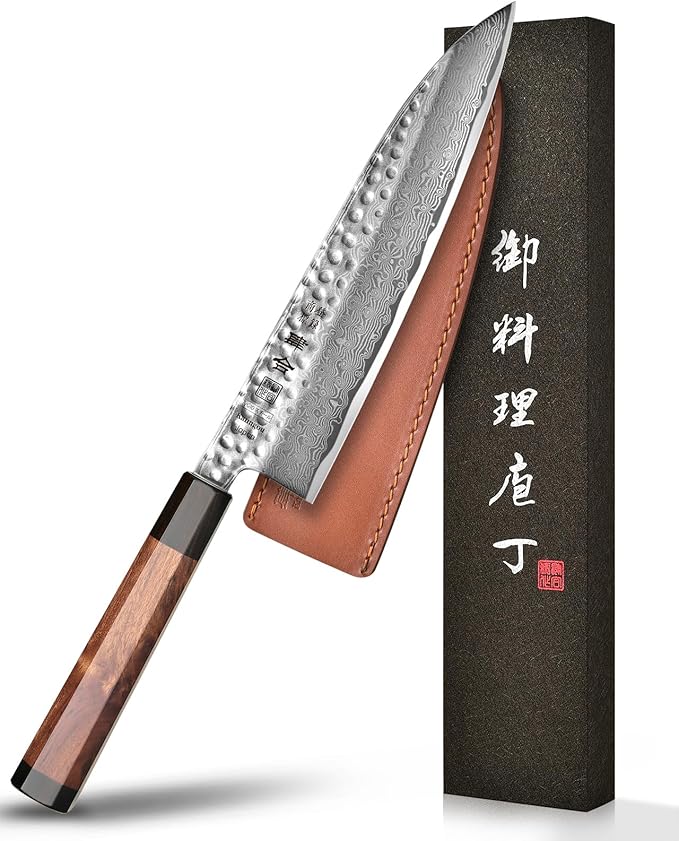 VG10 Damascus Chef Knife, 8.27 Inch Gyuto Knife with Rose Wood Handle and 67 Layers Damascus Steel, Japanese Kitchen Knife with Premium Gift Box