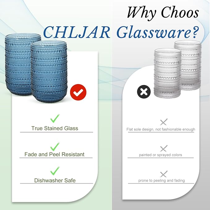 CHLJAR Vintage Glassware Drinking Glasses Set of 6, 14 oz hobnail drinking glasses, Embossed Blue Water Tumbler for Cocktail Whiskey Wine Beer Juice, Old Fashioned Beaded Glasses, Blue