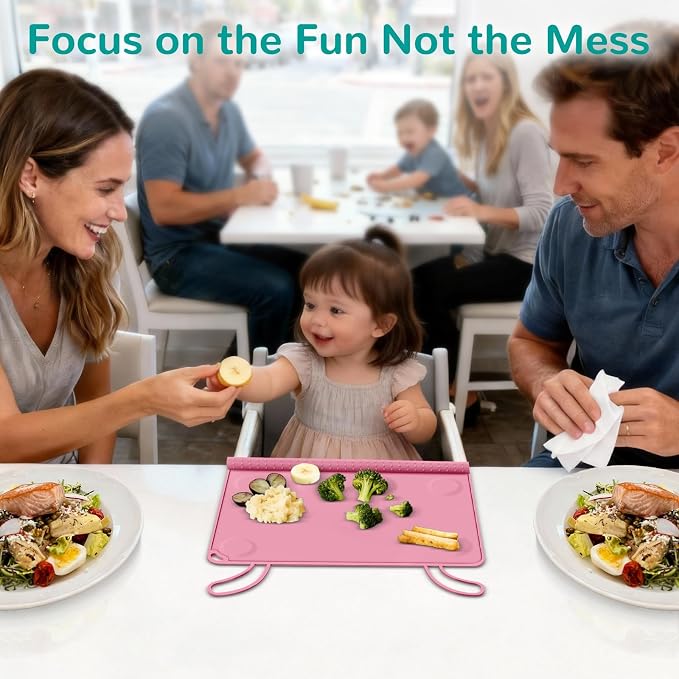 Silicone Placemat for Babygirls Eating-Out: Wipe Clean & Roll up for Outdoor - Pink Table Mat for Restaurant/Travel/On-The-Go