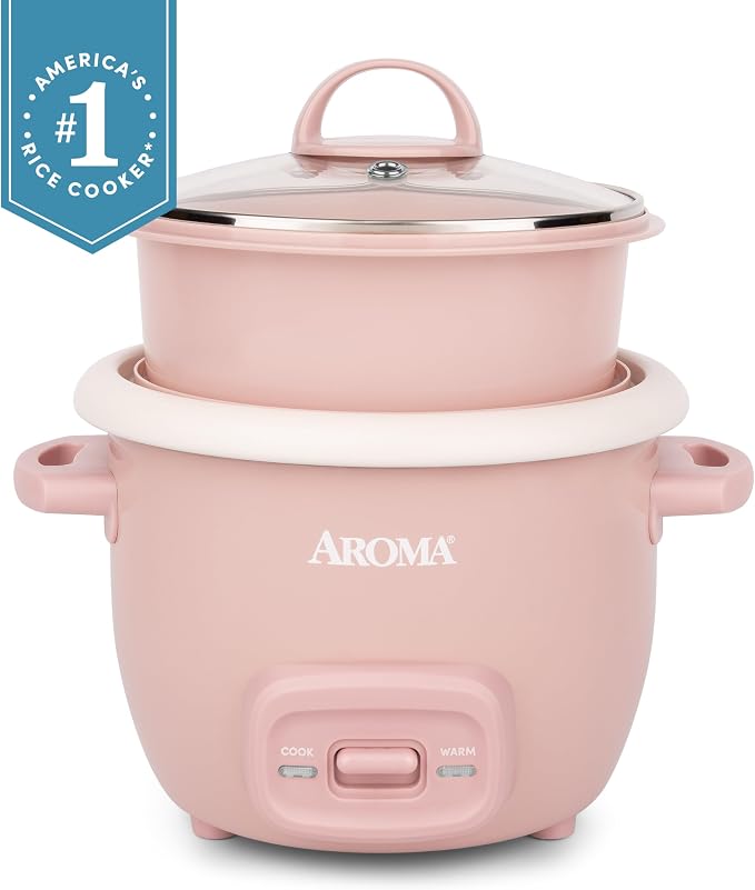 AROMA CoreCoat™ Mini Rice Cooker (3 Cups Cooked) with Nonstick Ceramic Pot Coating, Glass Lid, and Pop-Up Steamer Tray, 0.8 Quart