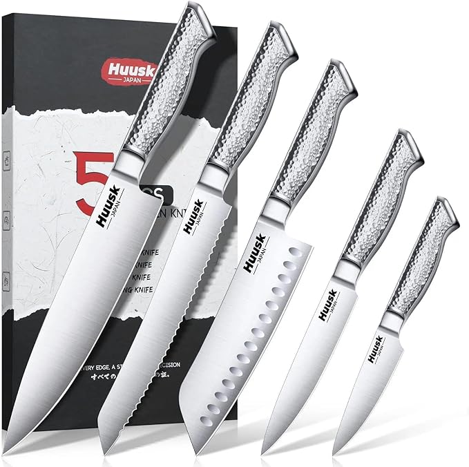 Huusk Chef Knife Set of 5, Japanese Stainless Knife Set Dishwasher Safe | Ultra Sharp Kitchen Knives Sets with Ergonomic Anti-slip Handle, Professional Cooking Knives Sets, Gifts for Men Women