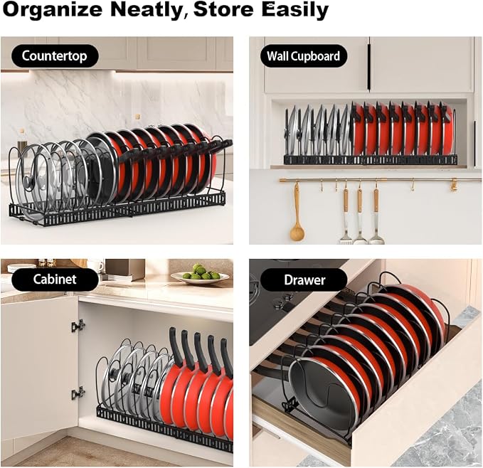 Housolution Pot and Pan Lid Organizer Holder Storage Rack, Black | 12"-23" Expandable, 14 Adjustable Dividers, Sturdy Metal Construction, Easy Assembly