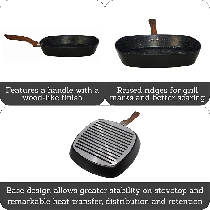 IMUSA 11 Inch Madera Aluminum Black Ceramic Square Grill for Vegetables | Ceramic Nonstick, Glass Lid with Helper Handle, Deep Sauté Pan, Ideal for Family Cooking