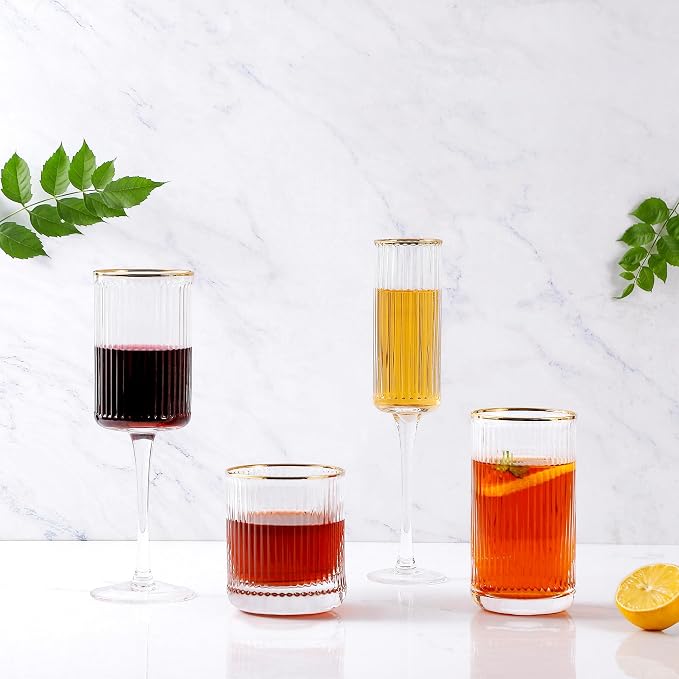 Lysenn Fluted Bar Glassware Set of 4, Wine, Champagne, Whiskey, Highball | Four Distinct Silhouettes, Gold Rim, Hand Blown, Coordinated Drink Service, Wedding Table, Dinner Party, Home Bar, Ideal Gift