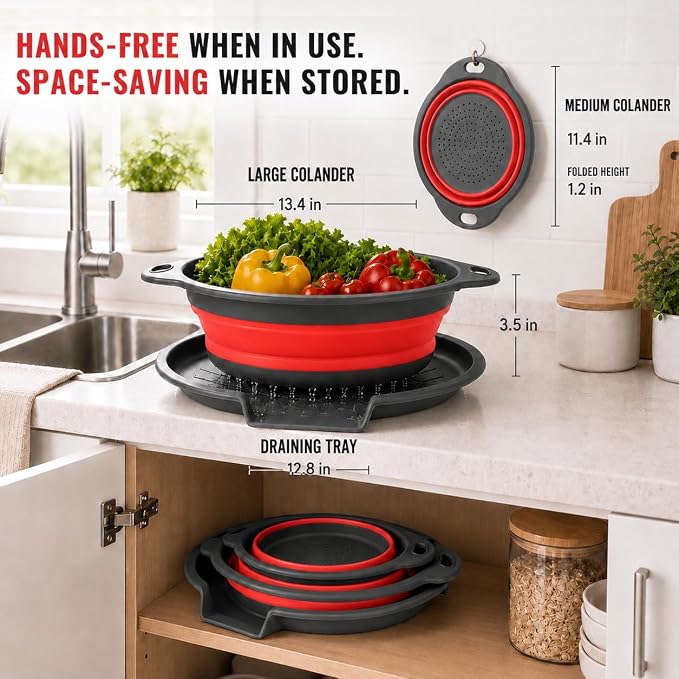 2 Collapsible Colanders with Self-Draining Tray (Red) | 11.6 & 13.4 in baskets; 12.8 in grooved tray; folds to 2.1 in; for pasta, rice, fruit and vegetables