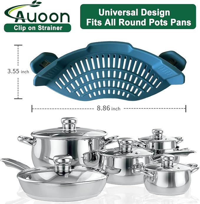 AUOON Pasta Strainer Clip on Silicone, Standard 8.86 x 3.55 in, Fog Blue | BPA-free, Fits All Pots Pans Bowls, Dishwasher Safe, for Meat Noodles Vegetable Fruits, Space-saving Kitchen Gadget