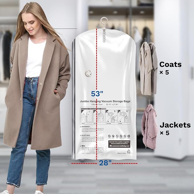 Hanging Vacuum Storage Bags, Space Saver for Clothing, 6 Long with Pump | Vacuum Seal Bags for Clothing with Electric Pump, Hanging Garment Storage for Jackets, Suit, Dresses, Winter Closet Organizer