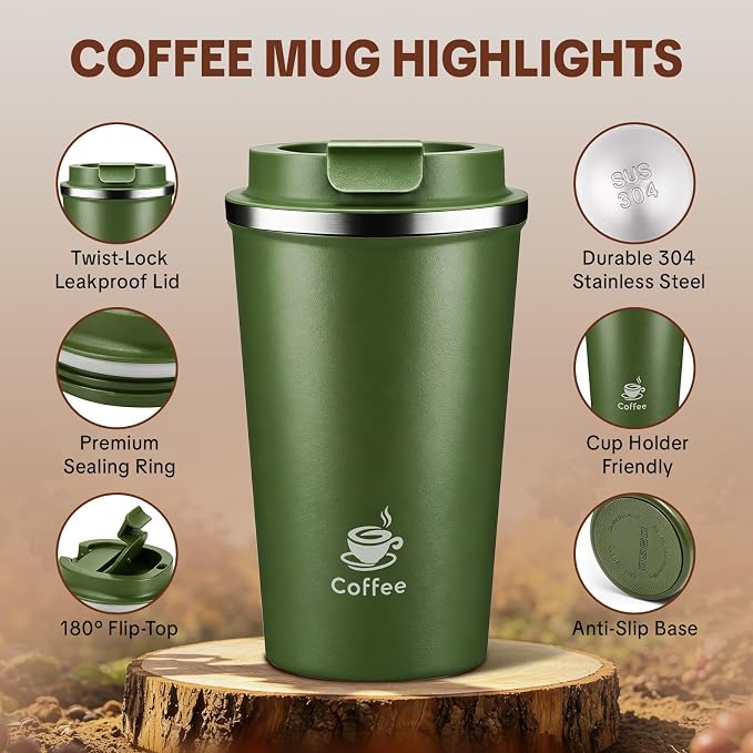 17oz Travel Coffee Mug ,Leakproof Vacuum Coffee Cup Insulated Tumbler | 304 Stainless Steel, Double-Wall Vacuum Insulated, Leakproof, Fits Hot & Cold Drinks Car Cup Holders, Travel, Office