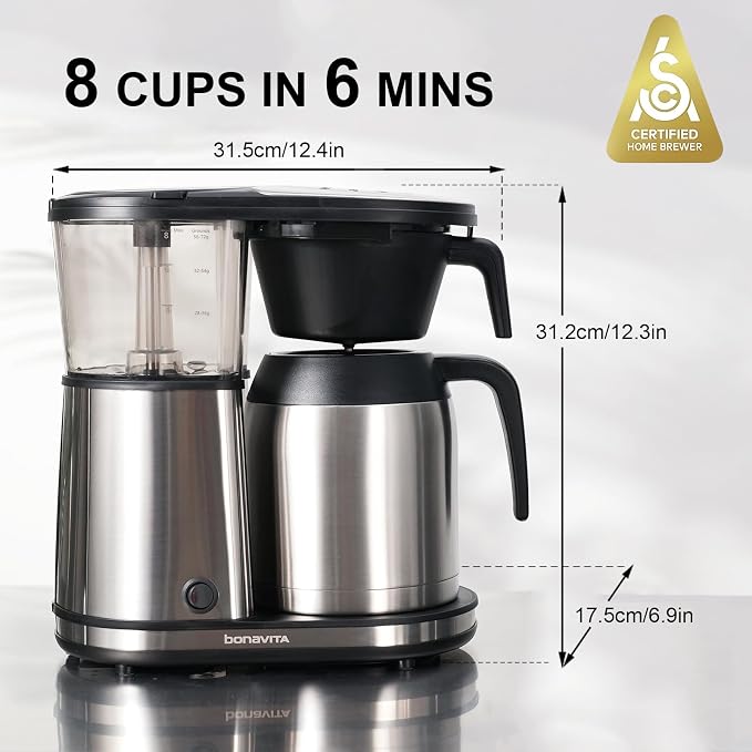 Bonavita 8 Cup Drip Coffee Maker Machine, One-Touch Pour Over, Auto Pause Brewing with Stainless Steel Double Wall Thermal Carafe, SCA Certified, Dishwasher Safe, BV1901TS | Stainless Steel Double Wall Thermal Carafe, SCA, Dishwasher Safe, BV1901TS