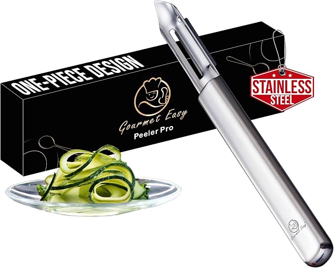 Gourmet Easy Stainless Steel Vegetable Peeler, Ultra Sharp Dual Blades | Peels in Both Directions for Left- and Right-Handed Use, Seamless No Trapped Water, Dishwasher Safe, 5-Year Warranty