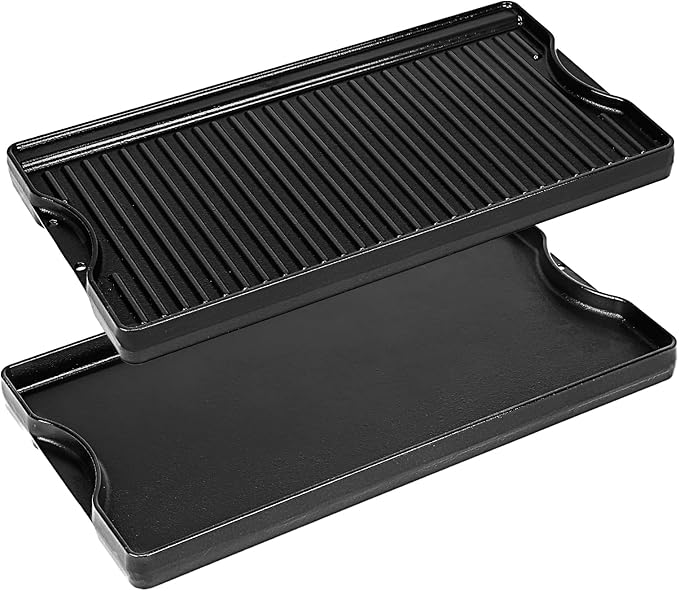 Utheer 19.5x10.5 Reversible Cast Iron Griddle for Stovetop Gas Grill | Flat & Ribbed Ceramic Nonstick Griddle Fits Indoor Stovetop, Gas Grill and Outdoor BBQ; Reversible Cast Iron for Even Heat