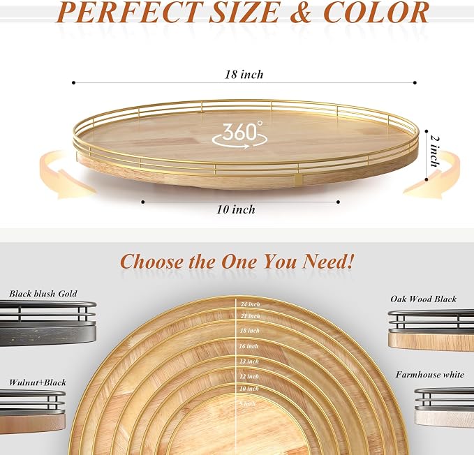 AMH 18-Inch Rustic Lazy Susan with Solid Oak Base and Black Iron Rail | Smooth rotating oak tray with walnut finish for dining tables, kitchen counters, pantries and cabinet storage.