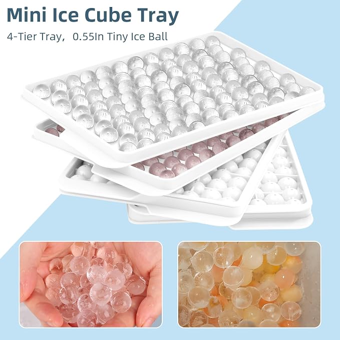 Mini Ice Cube Trays for Freezer with Lid, 0.55" Pebble Ice | 4 Trays-White, with Ice Box & Scoop. for Coffee, Bottle, Juice & Drinks, Easy Twist Release, Stackable