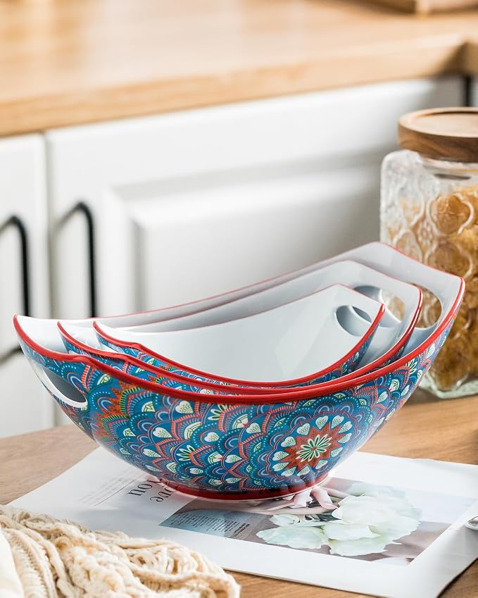LAUCHUH Serving Dishes, Porcelain Bohemian Serving Bowls with Handles | Mixing Bowls Set Salad Bowls Nesting Bowls for Entertaining, Thanksgiving Party, Bowl Set of 3, 15/28/49 oz, Blue and Yellow
