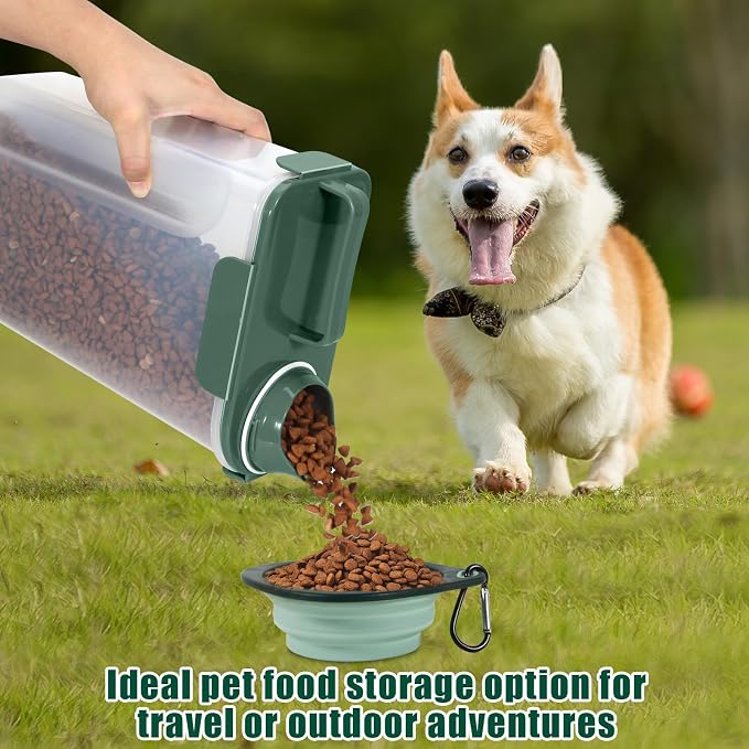 5 Lbs Pet Dog Food Storage Container for Bird Seed Rice Flour - Dark Green | Cat Food Containers with Collapsible Bowl for Travel Airtight 10 Lbs Rice Cereal Oatmeal Holder with Pour Spout Measuring Cup
