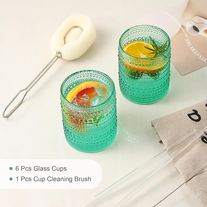 ZMOWIPDL Drinking Glasses Set of 6,12oz Lake Blue Hobnail Glass Cups | Vintage Glassware，Embossed Water Tumbler,for Beer,Cocktail,Whiskey,Juice and Various Mixed Drinks- 1 Cleaning Brush