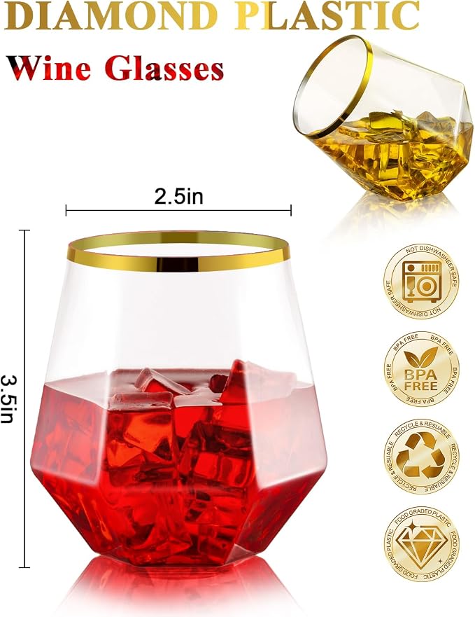 BESTSTAR 40 PCS Clear & Gold Rim 12 Oz Diamond Plastic Wine Whiskey Glasses | Stemless Unbreakable Disposable Wine Glasses for Party,Ideal for Beach Holidays,Halloween, Christmas, Weddings,Daily Use