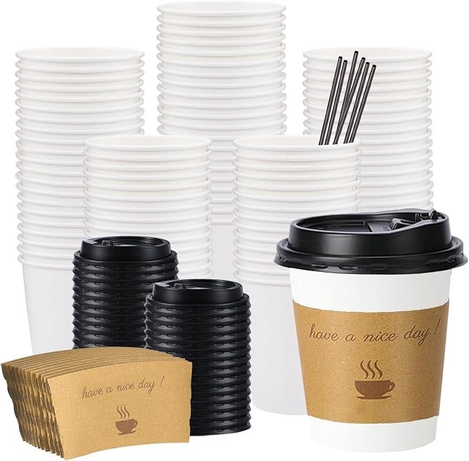 BYSNOW 100 pack 10 oz Disposable Coffee Cups with Lids White To Go Cups | To Go Coffee Cups with Lids, Sleeves and Stirring Sticks, for Home, Office, Cafes and Party (White 10oz)