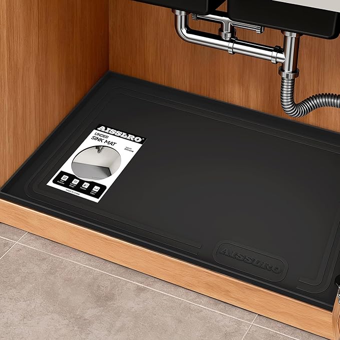 Under Sink Mat 31 X 22, Waterproof Silicone Cabinet Kitchen Liner, Black | Raised-Edge Cabinet Protector & Leak Tray for Bathroom Cabinets, Boots, Pet Feeding Mats, Dog & Cat Bowls, Dishwasher Safe