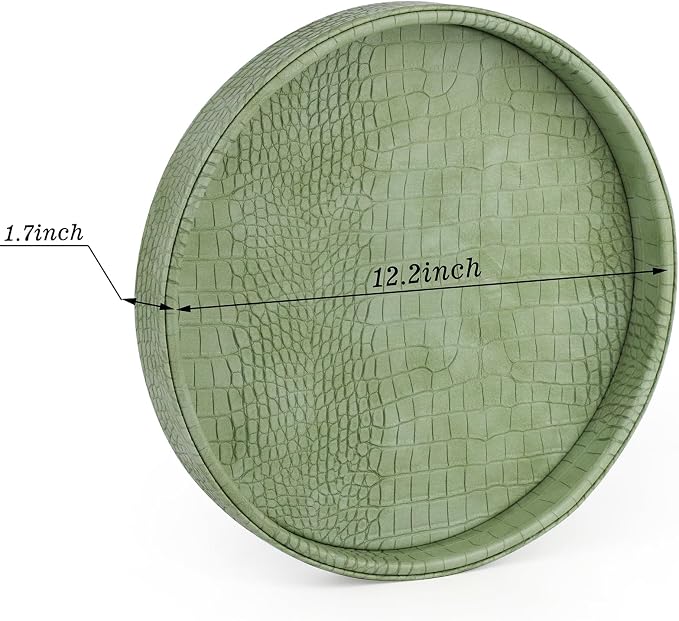 HofferRuffer Faux Leather Round Serving Tray, Vegan Croco Leather Decorative Food Tray for Storage Drinks, Snack & Cosmetics, Dia.12'' x 1.6'' (Light Green)