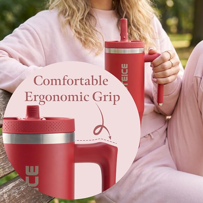 Deep Red 30 oz Tumbler with Handle Coffee Tumbler Cups with Lid and Straw, Double Wall Insulated Cup Stainless Steel Travel Mug Water Bottle for Iced Tea, Coffee, Cold Beverages Gifts for Women