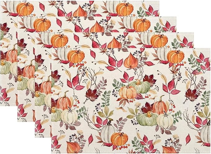 Fall Placemats Set of 4, Pumpkin Maple Leaf Flower Decorative Table Mat 12 x 18 Inch Heat Resistant Non Slip Line Fabric Autumn Thanksgiving Place mat for Dining Table