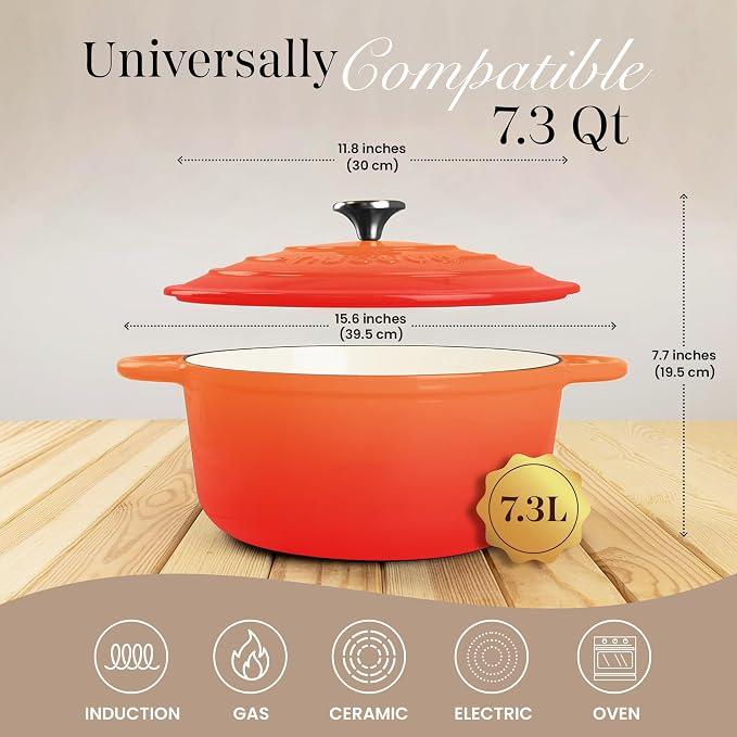 Cast Iron Dutch Oven with Lid-Non-Stick Ovenproof Enamelled Casserole Pot- Sturdy Dutch Oven Cookware - Orange, 7.3- Quart, 30cm- by Nuovva