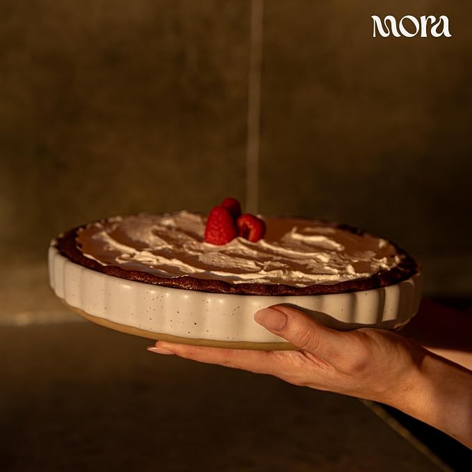 Mora Ceramic Tart Pan, 9.5 Inch Large Porcelain Baking Dish for Tarts, Quiche, Pie, Flan etc. Fluted Ruffled Edge, Oven, Microwave, Freezer, and Dishwasher safe - Great Gift For Bakers - Oat