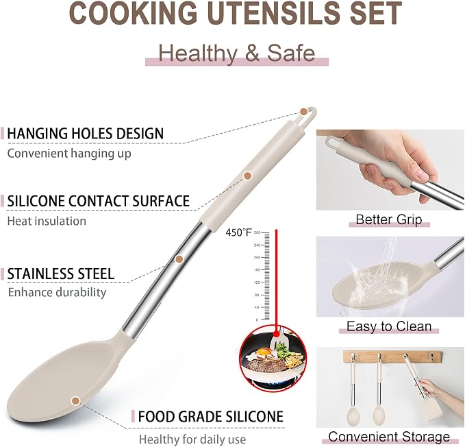 E-far Silicone Cooking Utensils Set, 30-Piece Khaki Kitchen Utensils Set | Heat Resistant Nonstick Cookware, Kitchen Tools Spatulas with Stainless Steel Handle, Spatulas Turner Tong Spoon Whisk Ladle