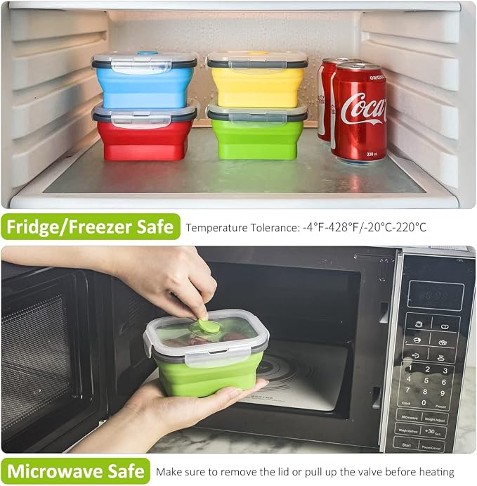 Collapsible Food Storage Containers with Airtight Lid, 11.8 oz, Small Kitchen Stacking Silicone Collapsible Meal Prep Container Set for Leftover, Microwave Freezer Dishwasher Safe, 4 Colors, Set of 4