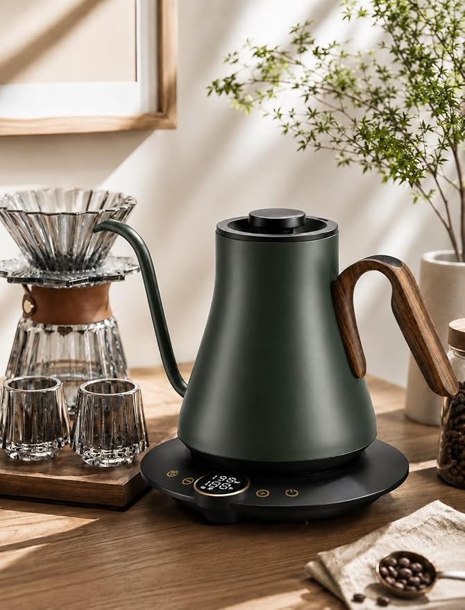 Cocinare Gooseneck Electric Kettle, ±1°F Precise Temperature Control, 1500W Fast Heating, Pour Over Coffee & Tea Kettle with Brew Timer & Keep Warm, Stainless Steel, 0.9L (Delacroix Green)