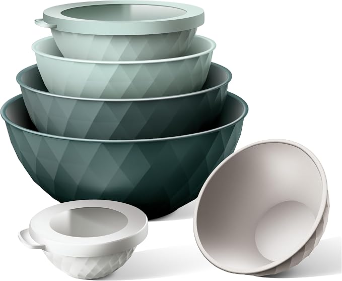COOK WITH COLOR Mixing Bowls with Lids - 12 Piece Plastic Nesting Bowls Set includes 6 Prep Bowls and 6 Lids, Microwave Safe Mixing Bowl Set, Green Diamond