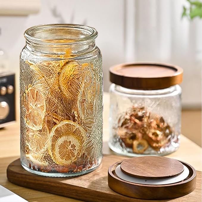 Vintage Glass Jar with Lid, Airtight Candy Coffee Canister Food Storage | 34oz Decorative Container Set with Silicone-Sealed Bamboo Lid, Thick Glass BPA-Free, for Kitchen Stores Sugar Flour Tea