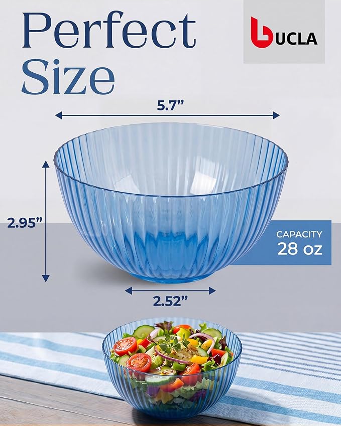 bUCLA 12 PCS Plastic Cereal Bowls Set - 28 Oz Clear Blue Disposable Vertical Stripes Serving Bowls for Snack, Salad, Dessert & Fruit