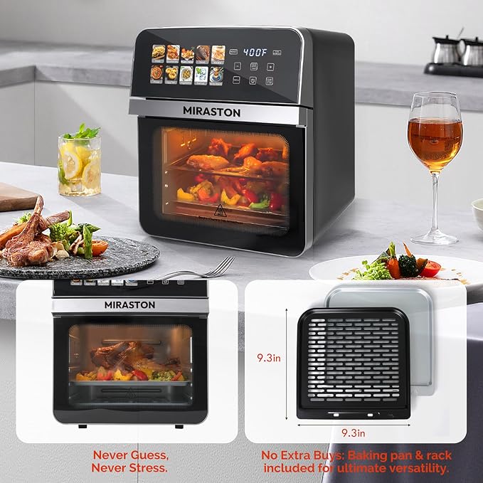10QT Air Fryer Toaster Oven, Family Size Double-Cooking Combo | EASY CLEAN: Stainless Steel Interior oven; dual-layer rack allows simultaneous cooking for healthy family meals.