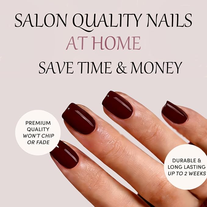Burgundy Press on Nails Short Square, Dark Red Fake Nails | Short Square Fake Nails,Apply Protective UV coating, Salon Quality Nails in 12 Sizes - 24 Nail Kit with Glue