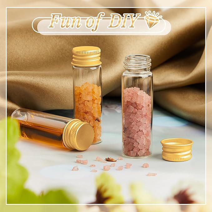 Didaey 50 Pcs Small Clear Vials Spice Mini Jars with Lids Mini Glass Bottles with Screw Aluminum Metal Caps Tiny Jars Sample Containers for Powder Cream Cosmetic Jewelry Wedding (15ml,Gold Caps)
