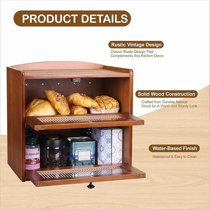 Large Wooden Bread Box for Kitchen Countertop, 2-Tier, Teak | Clear Acrylic Window Spacious Bread Storage Farmhouse Style Pantry Organization For Homemade Bread and Bagels