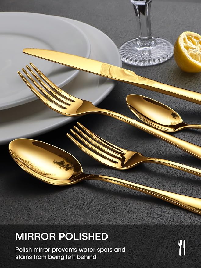 Gold Silverware Set, 30 Piece Flatware Set for 6, Mirror Polished Food-Grade Stainless Steel Cutlery Utensil Set Include Knives Forks Spoons for Kitchen Restaurant Wedding Party, Dishwasher Safe