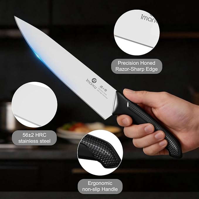imarku 14-Pieces Stainless Steel Knife Set with Build-in Sharpener，Black | Kitchen Knife Set with Block|15°Precision Edge|56±2 HRC Hardness|Built-in sharpener|Ergonomic handles|Dishwasher safe