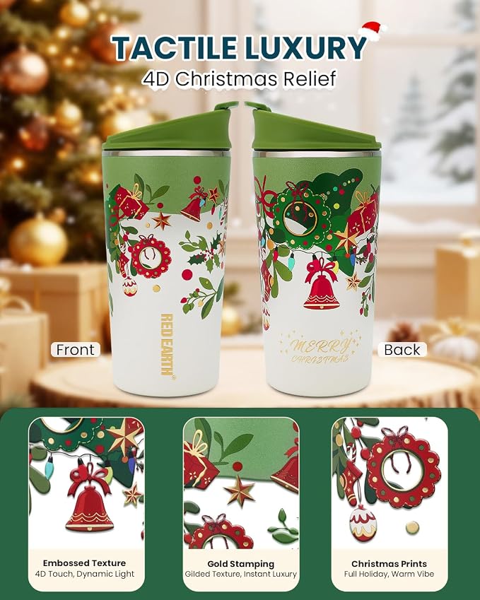 GiNT 17oz Christmas Tea Cup with Infuser and Lid - 4D Gold Foil Pattern (Bells & Holly), 316 Stainless Steel Double Wall Vacuum Insulated Travel Tea Mug, Leak-Free, for Commuting/Camping Gifts