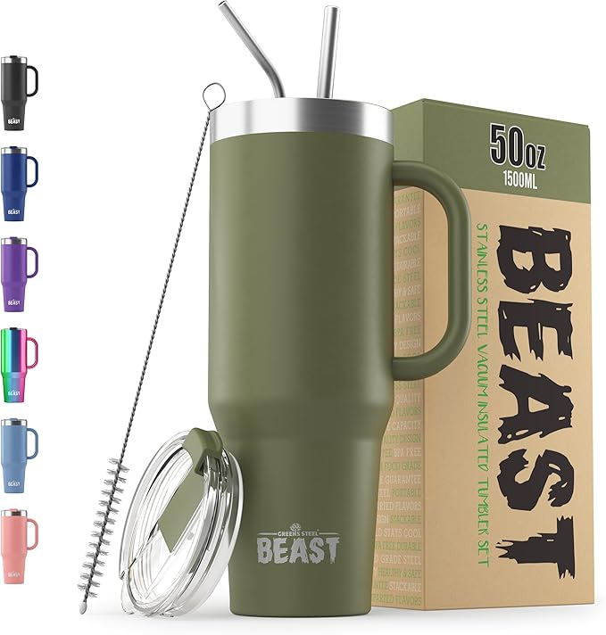 Beast 50 oz Tumbler with Handle Stainless Steel Vacuum Insulated Coffee Ice Cup Double Wall Travel Flask (Army Green)