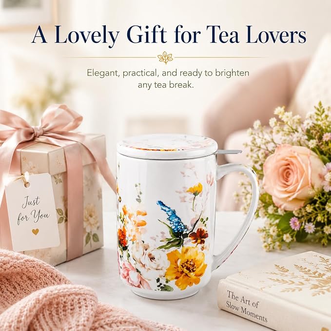 GBhome Tea Mug with Infuser and Lid,18 Ounce Ceramic Loose Leaf Cup Steeper | Lead-Free Glaze For Tea Lovers,Microwave & Dishwasher Safe with Tea Strainer