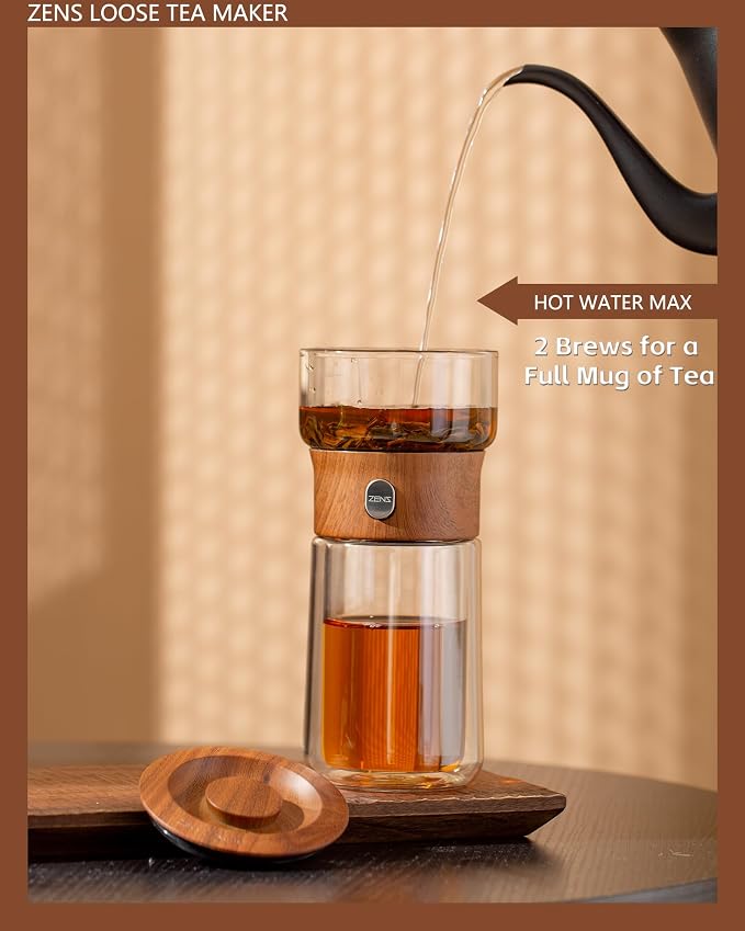 ZENS Glass Infuser Teapot, One Touch Tea Maker for Loose Leaf Tea, Walnut | Modern Tea Diffusers, Magic Tea Pot with 9oz Insulated Mug and Portable Bag for Tea Lovers Gifts