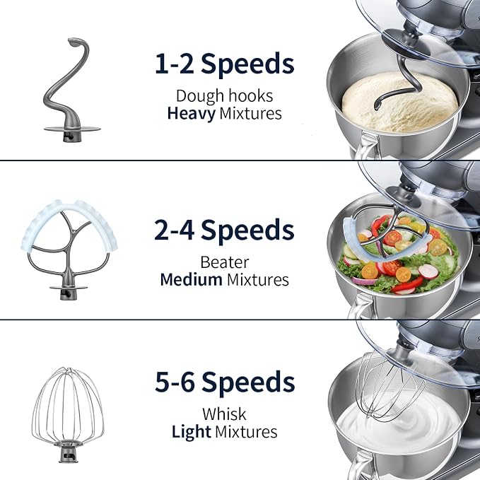 Stand Mixer, 6QT Mixers Kitchen Electric Stand Mixer, Dough Mixer Gray | 600W Tilt-Head Kitchen Mixer with Stainless Steel Bowl, Dishwasher-Safe Dough Hook, Flat Beater, Wire Whisk, Splash Guard