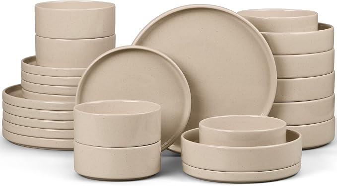 E-far Dinnerware Sets with Pasta Bowls, 24-Piece, Speckled Khaki | Stoneware Plates and Bowls Sets for 6, Chip and Scratch Resistant, Microwave & Dishwasher Safe Kitchen Modern Dish Set