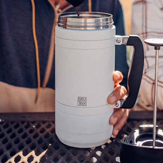 BruTrek by Planetary Design | BaseCamp French Press | 32 fl.oz - White | Insulated Stainless Steel - Bru-Stop Technology, No Grounds in Coffee, No Spill Lid (Snowflake White, 32 fl.oz)