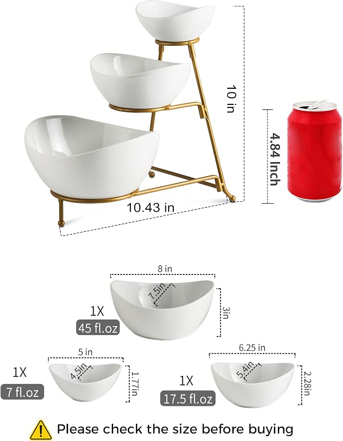 YHOSSEUN 3 Tier Serving Stand Oval Tiered Serving Bowl with Metal Rack | Chip and Dip Serving Bowl Set for Parties, Catering Supplies Buffet Food Display Dessert Appetizer, Gold-45oz/17.5oz/7oz